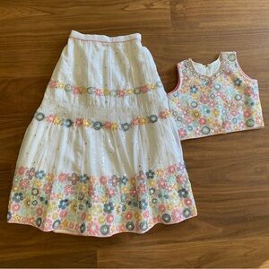 Floral Girls Embroidered Sequin Skirt & Top Set Long Skirt Pastel